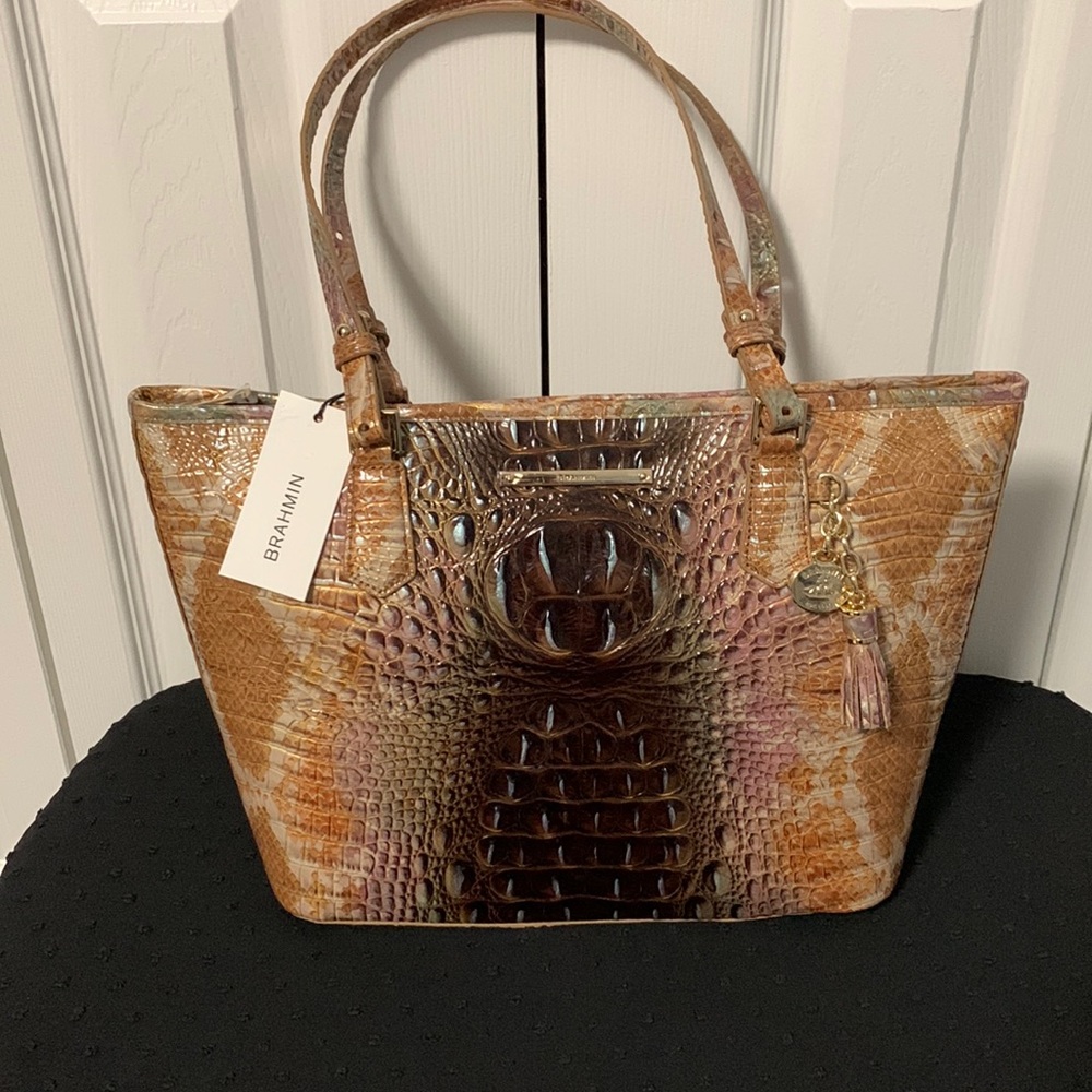 Brahmin Multicolor Croc-Embossed Leather Tote (Brown, Tan, Pink)